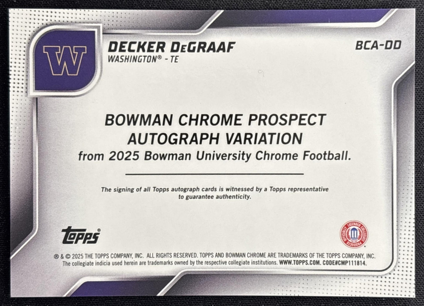 Decker DeGraaf 2025 Bowman Chrome University Prospect Auto Huskies back