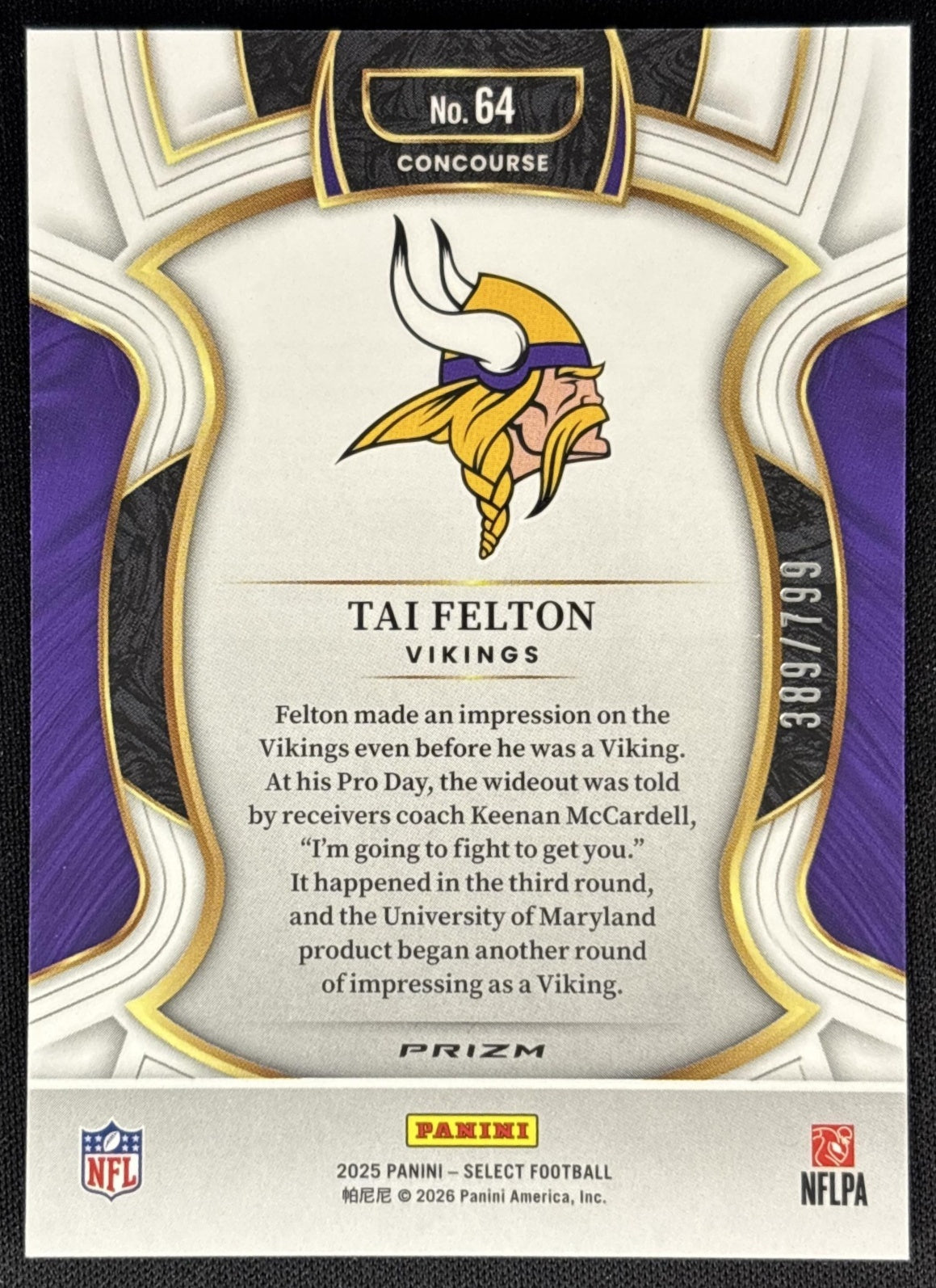 Tai Felton 2025 Panini Select Concourse White Prizm Shock /799 Vikings Sports Trading Cards