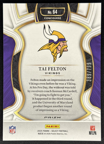 Tai Felton 2025 Panini Select Concourse White Prizm Shock /799 Vikings Sports Trading Cards