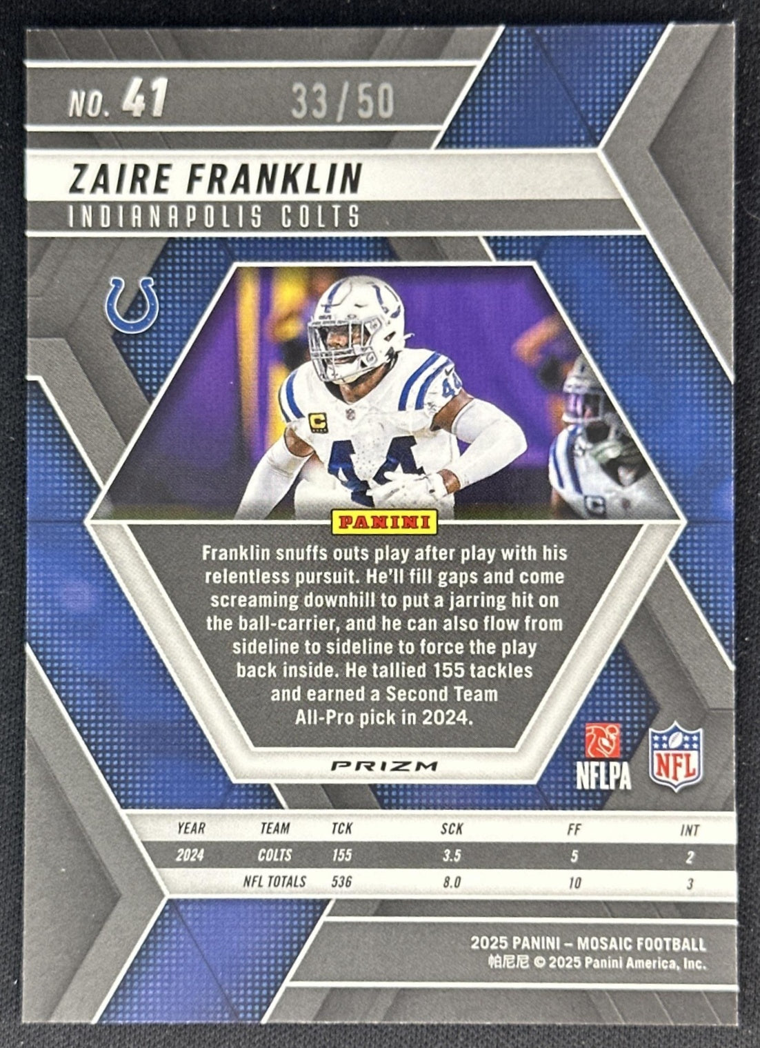 Zaire Franklin 2025 Panini Mosaic No Huddle Purple Prizm /50 Colts Sports Trading Cards