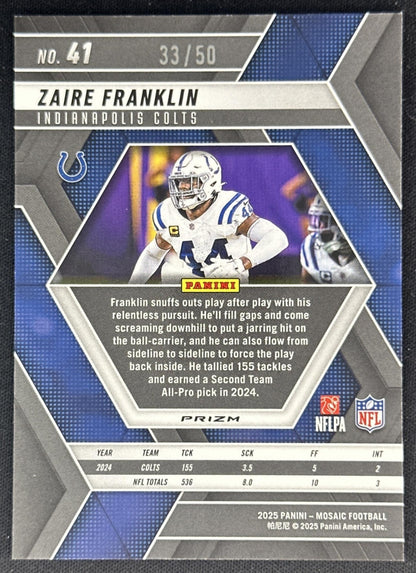 Zaire Franklin 2025 Panini Mosaic No Huddle Purple Prizm /50 Colts Sports Trading Cards