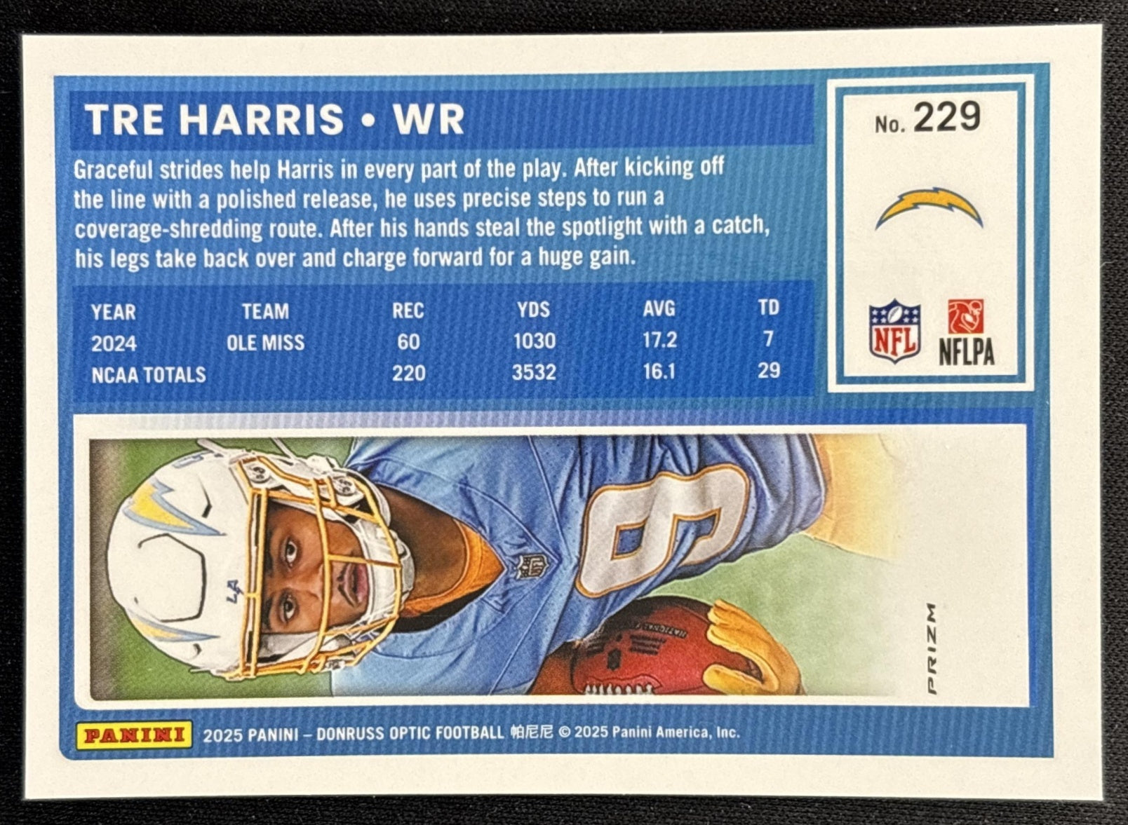 Tre Harris 2025 Panini Donruss Optic Rated Rookie Blue Hyper Prizm Chargers