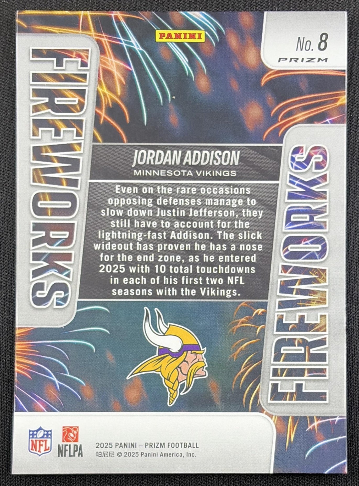 Jordan Addison 2025 Panini Prizm Fireworks No Huddle Vikings Minnesota Vikings