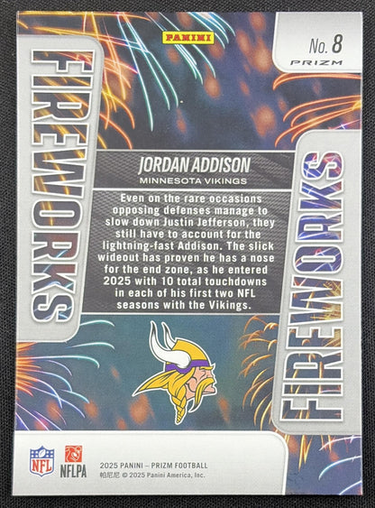 Jordan Addison 2025 Panini Prizm Fireworks No Huddle Vikings Minnesota Vikings