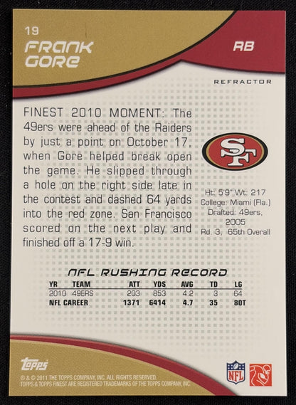 Frank Gore 2011 Topps Finest Xfractors /399 49ers - Back