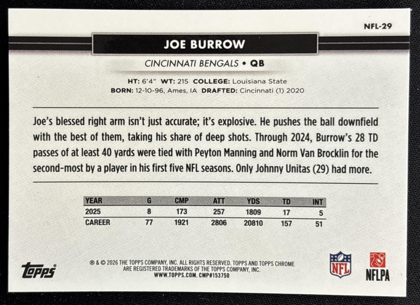 Joe Burrow 2026 Topps NSCC Collection NFL Sports Trading Cards