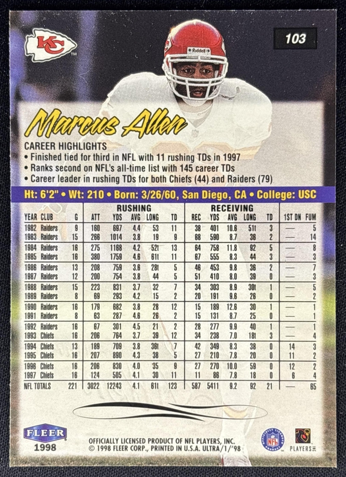Marcus Allen 1998 Fleer Ultra Chiefs back