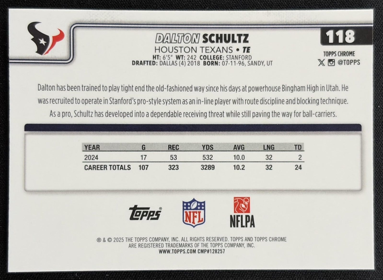 Dalton Schultz 2025 Topps Chrome Sapphire Texans