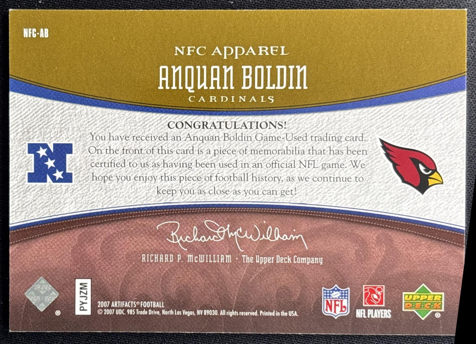 Anquan Boldin 2007 Upper Deck Artifacts AFC/NFC Apparel Patch /50 Cardinals