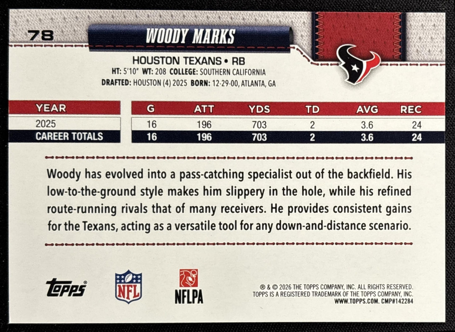 Woody Marks 2026 Topps Rainbow Foil Texans