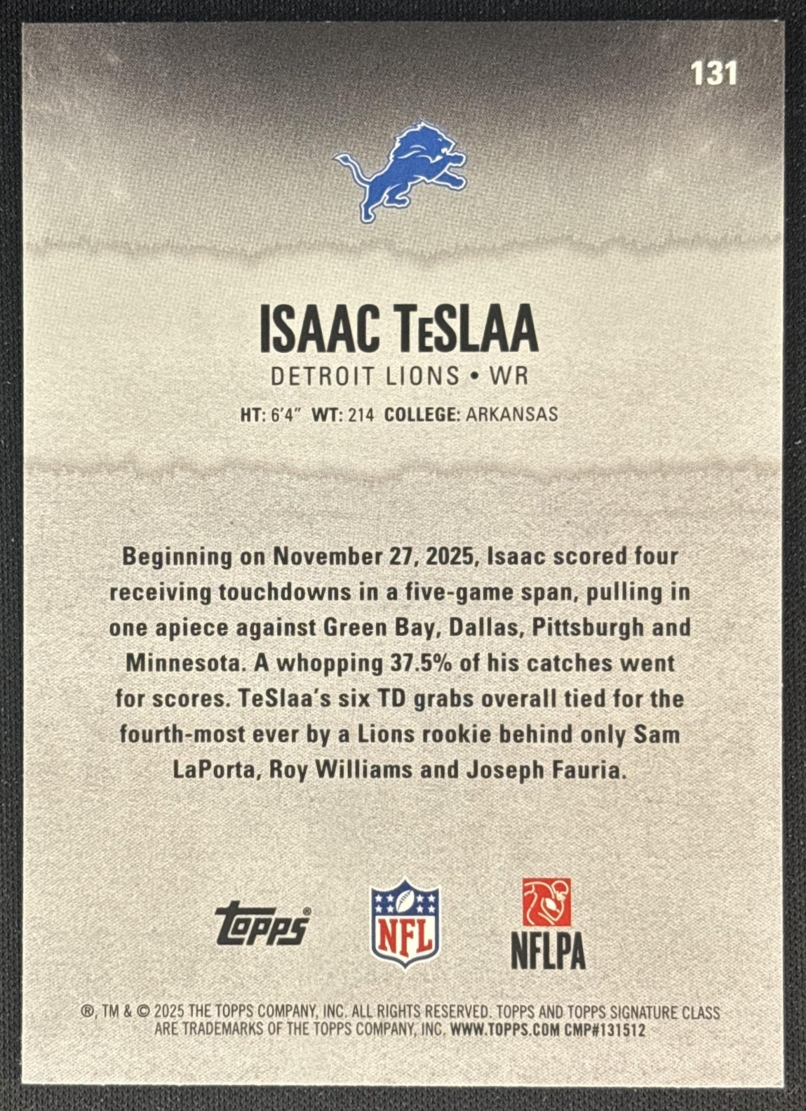 Isaac TeSlaa 2025 Topps Signature Class Rookie Green & Purple Foil Lions back