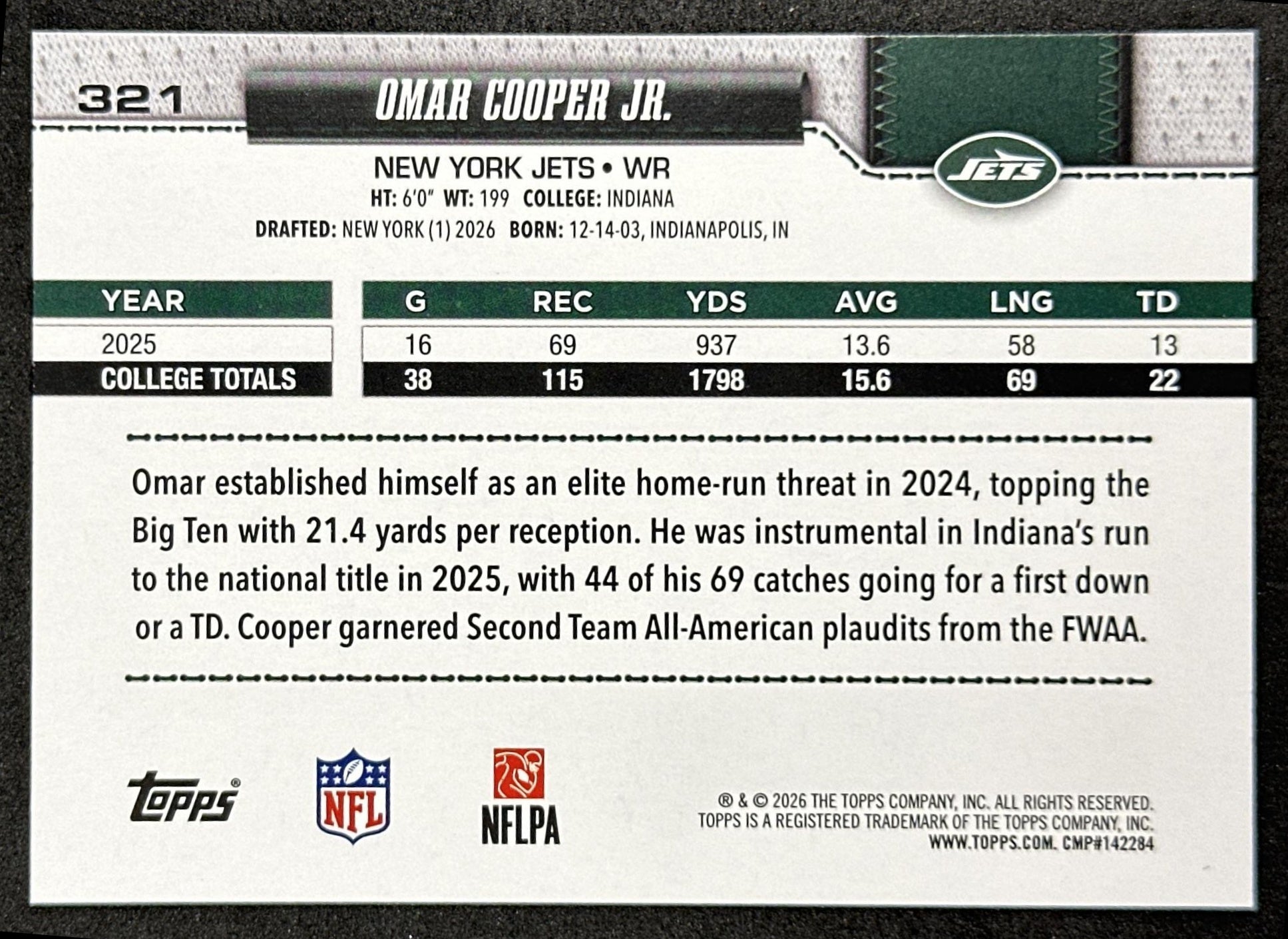 Omar Cooper Jr. 2026 Topps Flagship Rookie Jets Sports Trading Cards