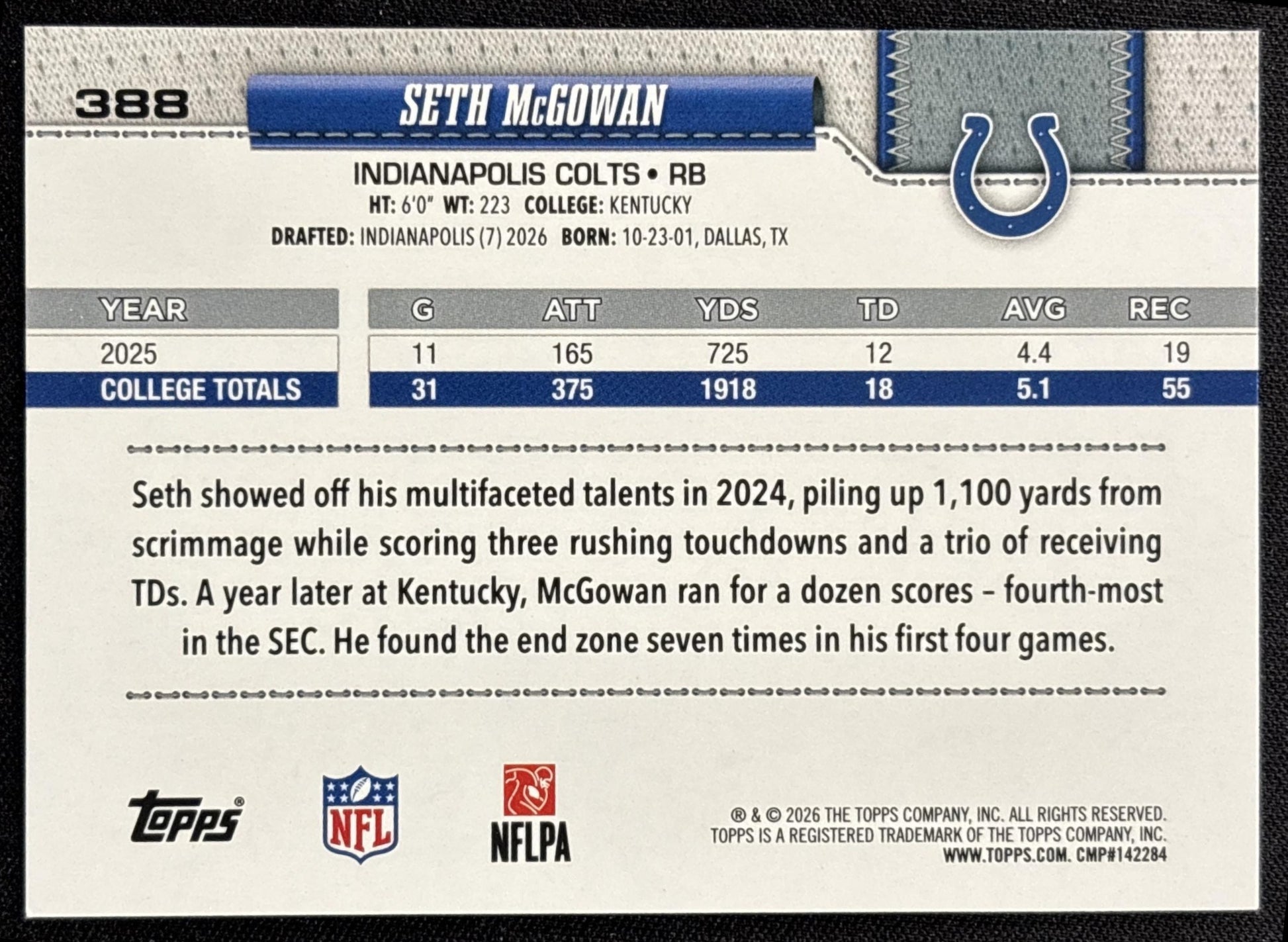 Seth McGowan 2026 Topps Football Leather Foil Colts
