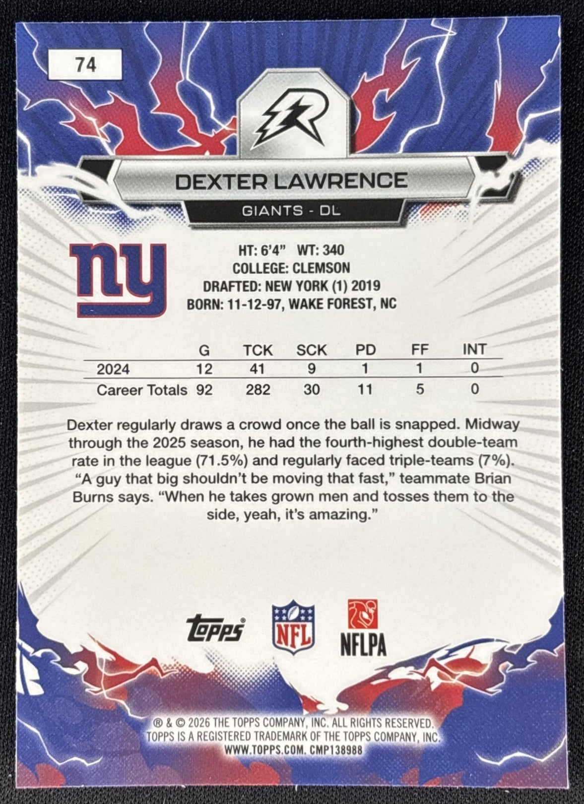 Dexter Lawrence 2025 Topps Resurgence Giants New York Giants back