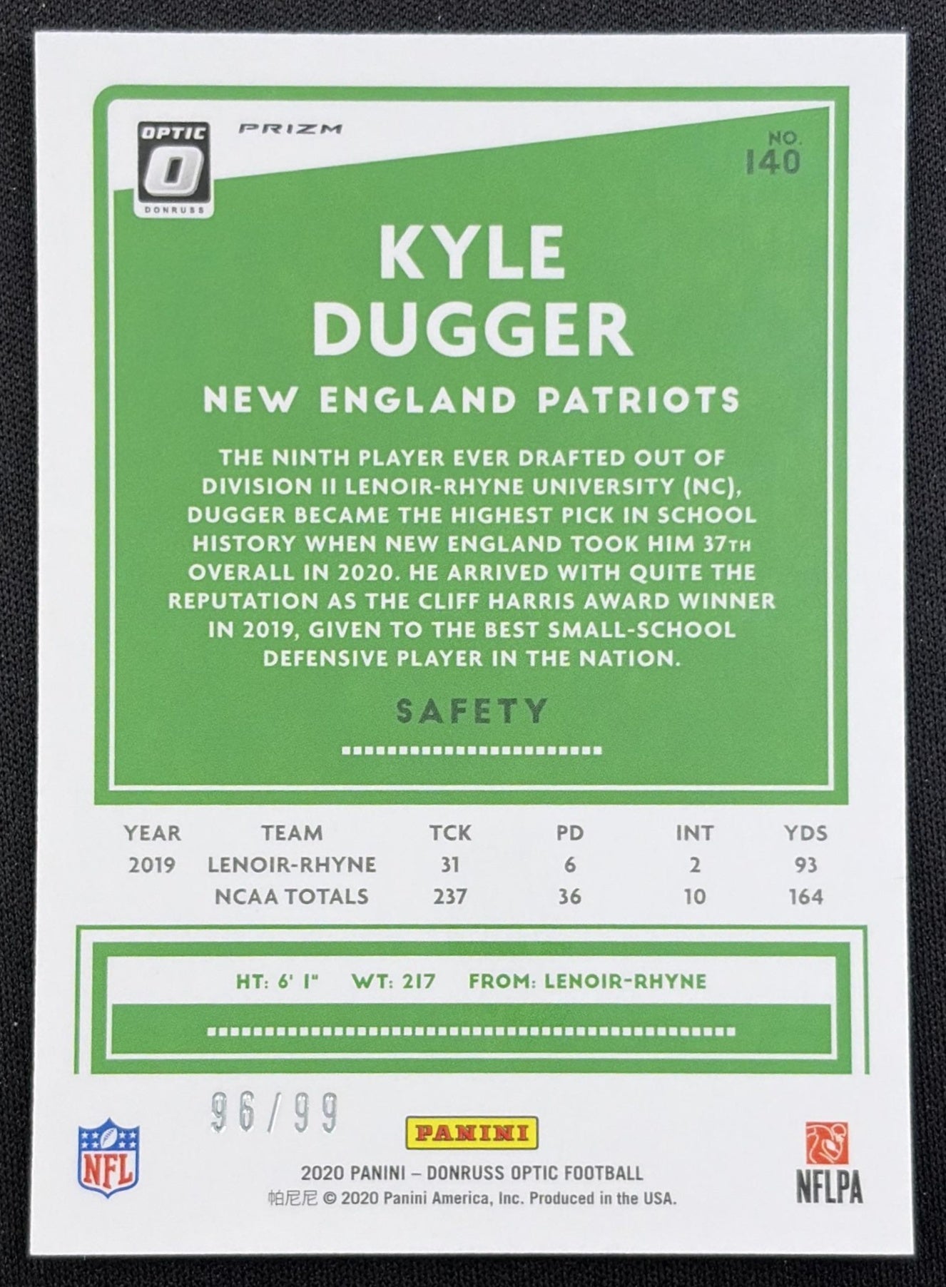 Kyle Dugger 2020 Panini Donruss Optic Red Prizm /99 Patriots