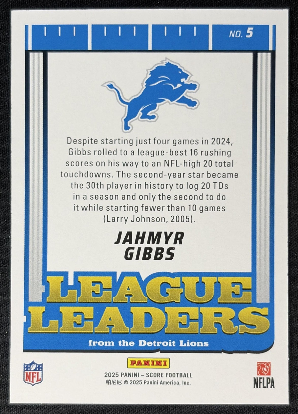 Jahmyr Gibbs 2025 Panini Score League Leaders Lions Back