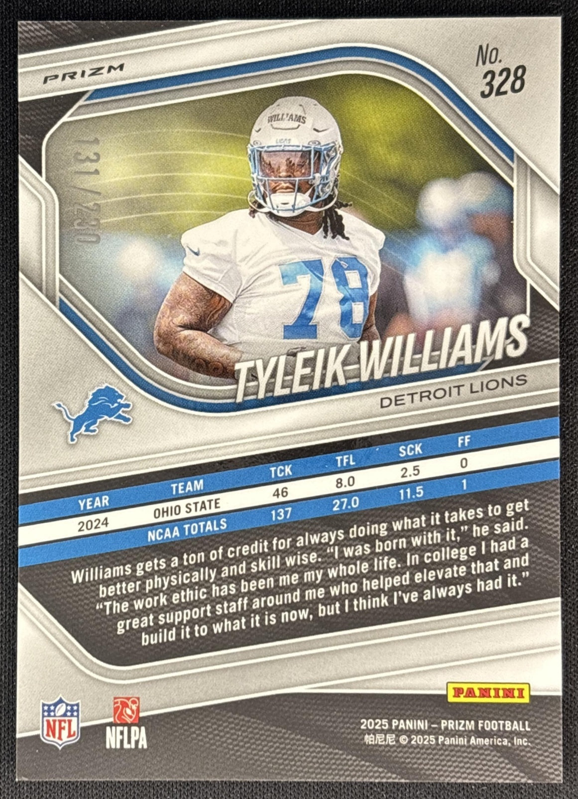 Tyleik Williams 2025 Panini Prizm Blue Wave /230 Lions