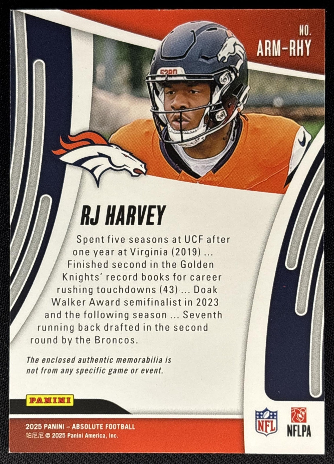 RJ Harvey 2025 Panini Absolute Rookie Materials Broncos back