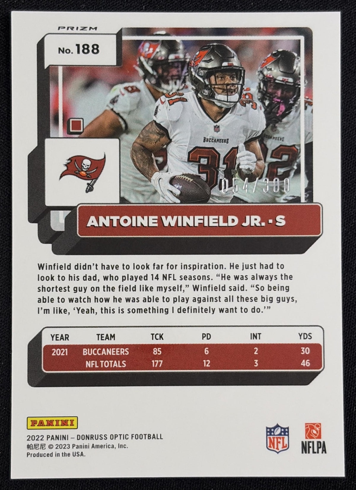 Antoine Winfield Jr. 2022 Panini Donruss Optic Wave /300 Buccaneers Sports Trading Card