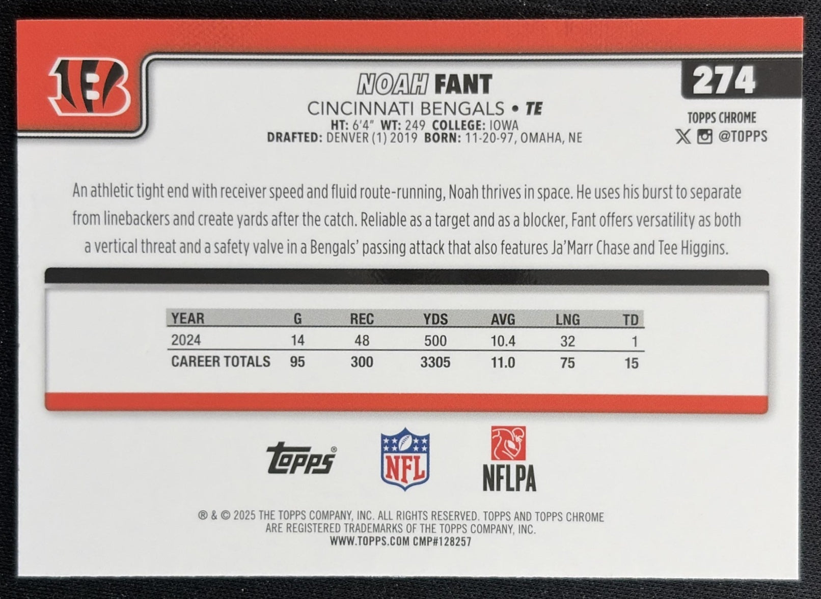 Noah Fant 2025 Topps Chrome Aqua Wave Refractor /199 Bengals Sports Trading Cards
