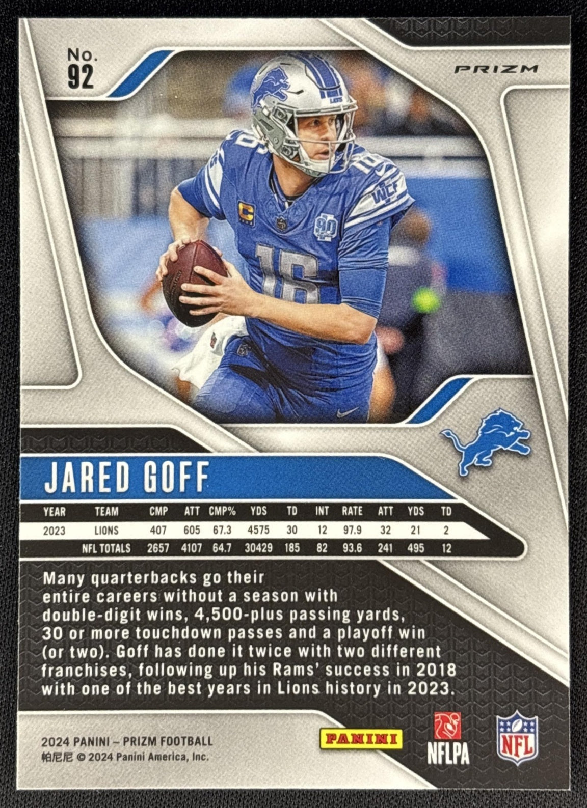 Jared Goff 2024 Panini Prizm Lazer Lions back