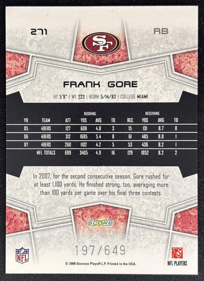 Frank Gore 2008 Score Scorecard /649 49ers back
