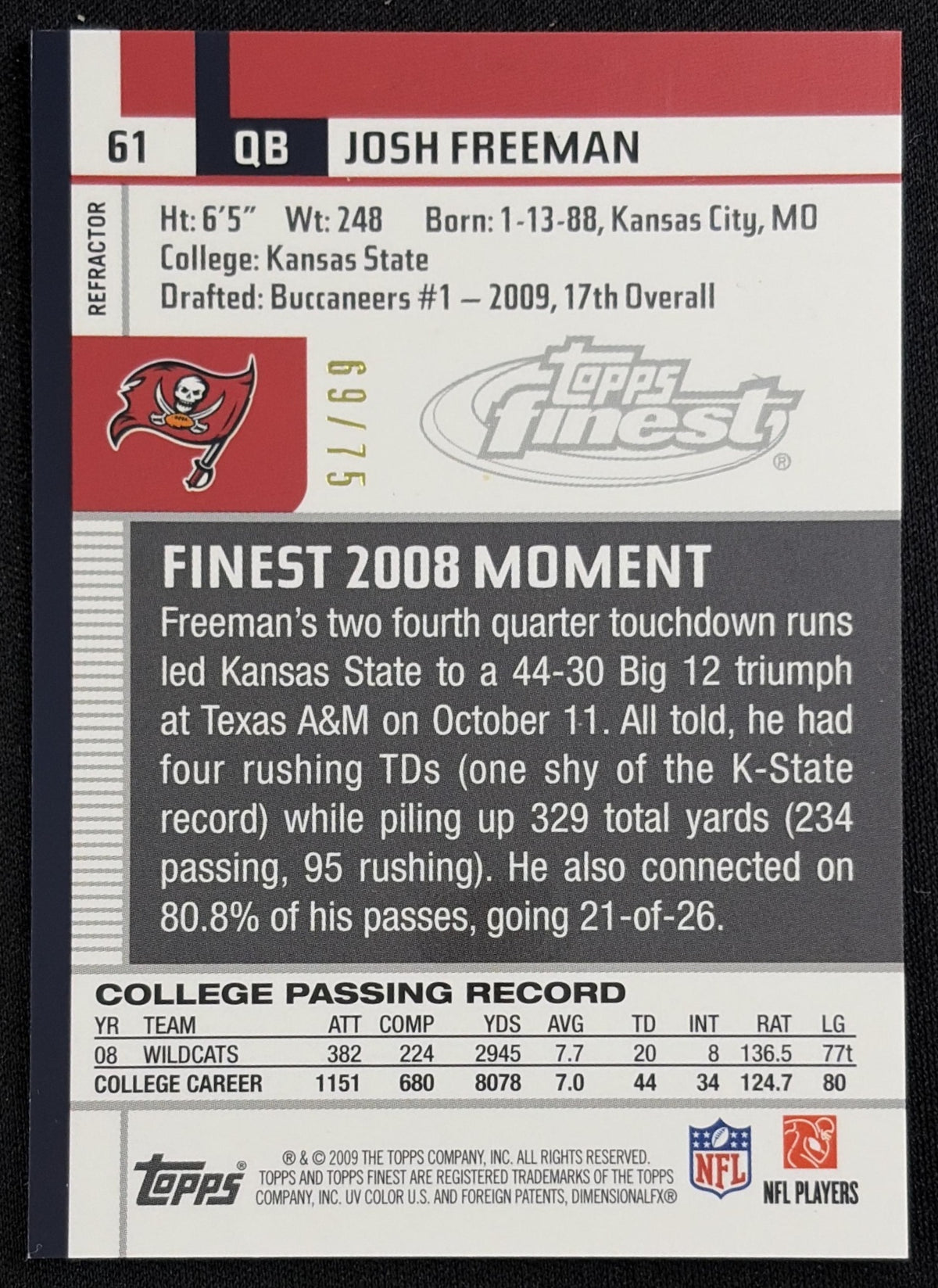 Josh Freeman 2009 Topps Finest Gold Refractor /75 Buccaneers Sports Trading Card