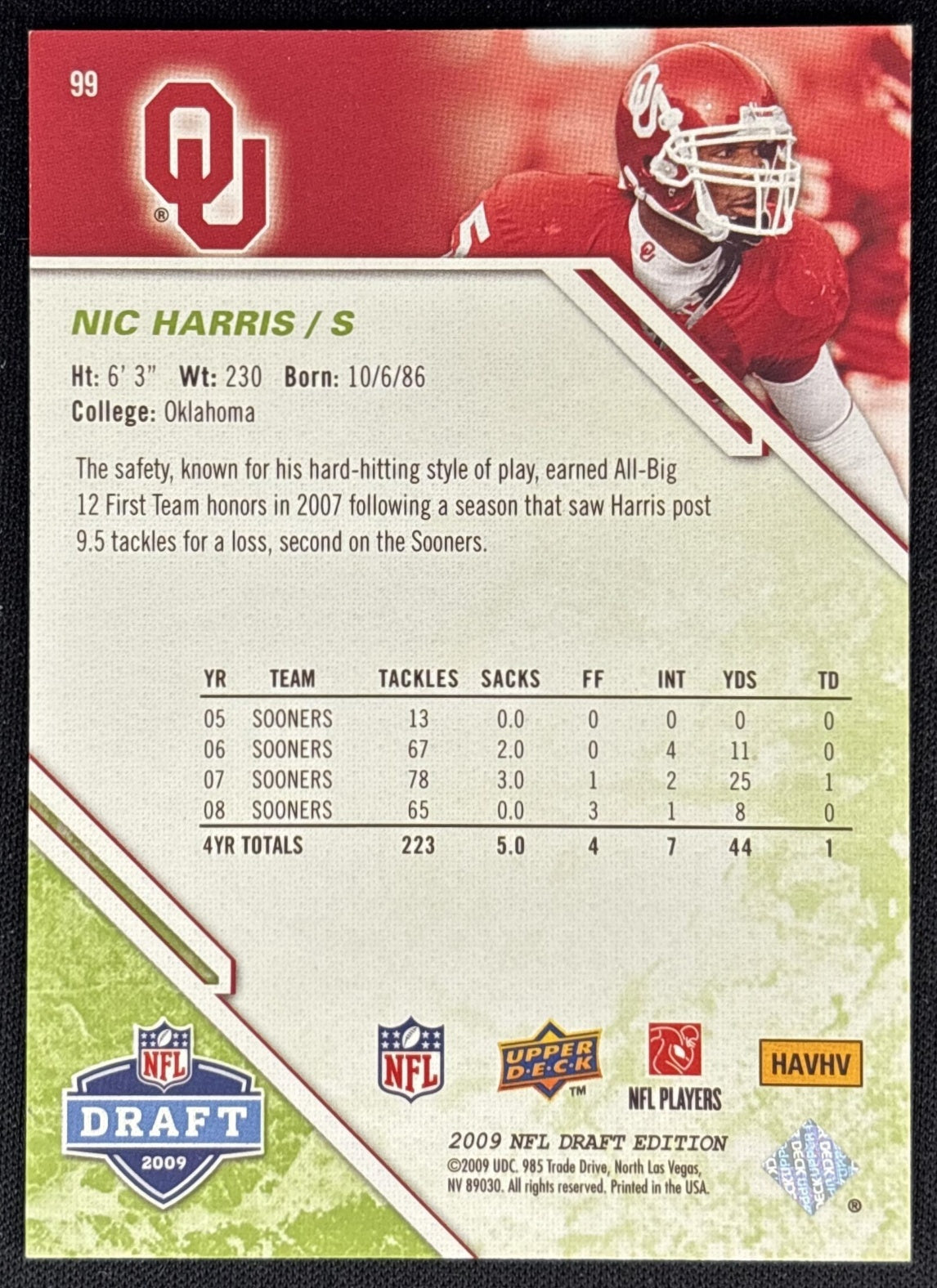 Nic Harris 2009 Upper Deck Draft Edition Green /350 Sooners back