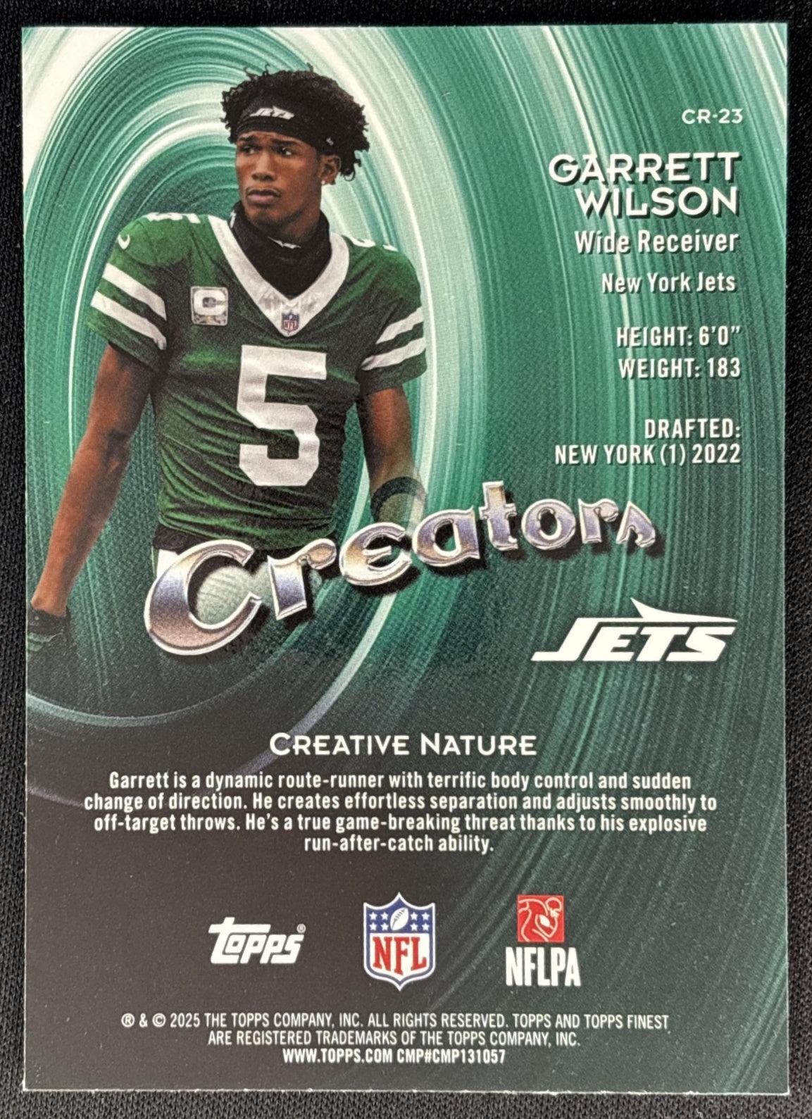 Garrett Wilson 2025 Topps Finest Creators Green Refractor /75 Jets back