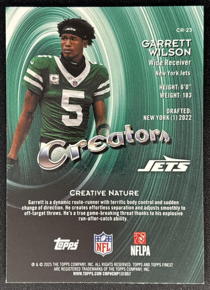 Garrett Wilson 2025 Topps Finest Creators Green Refractor /75 Jets back