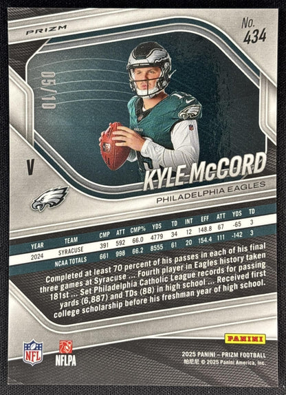 Kyle McCord 2025 Panini Prizm Rookie Variations Gold /10 Eagles back