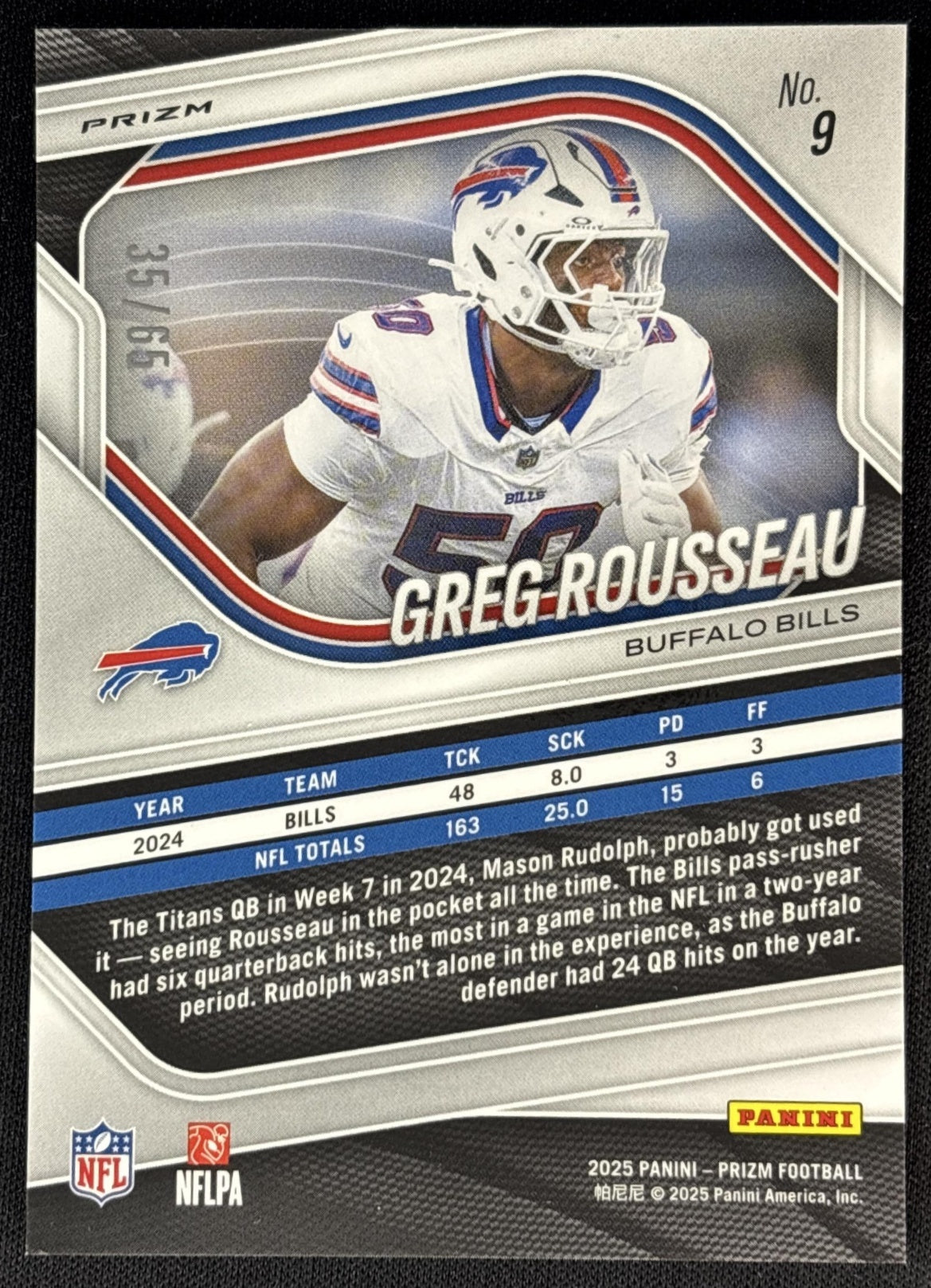Greg Rousseau 2025 Panini Prizm Orange Wave /65 Bills