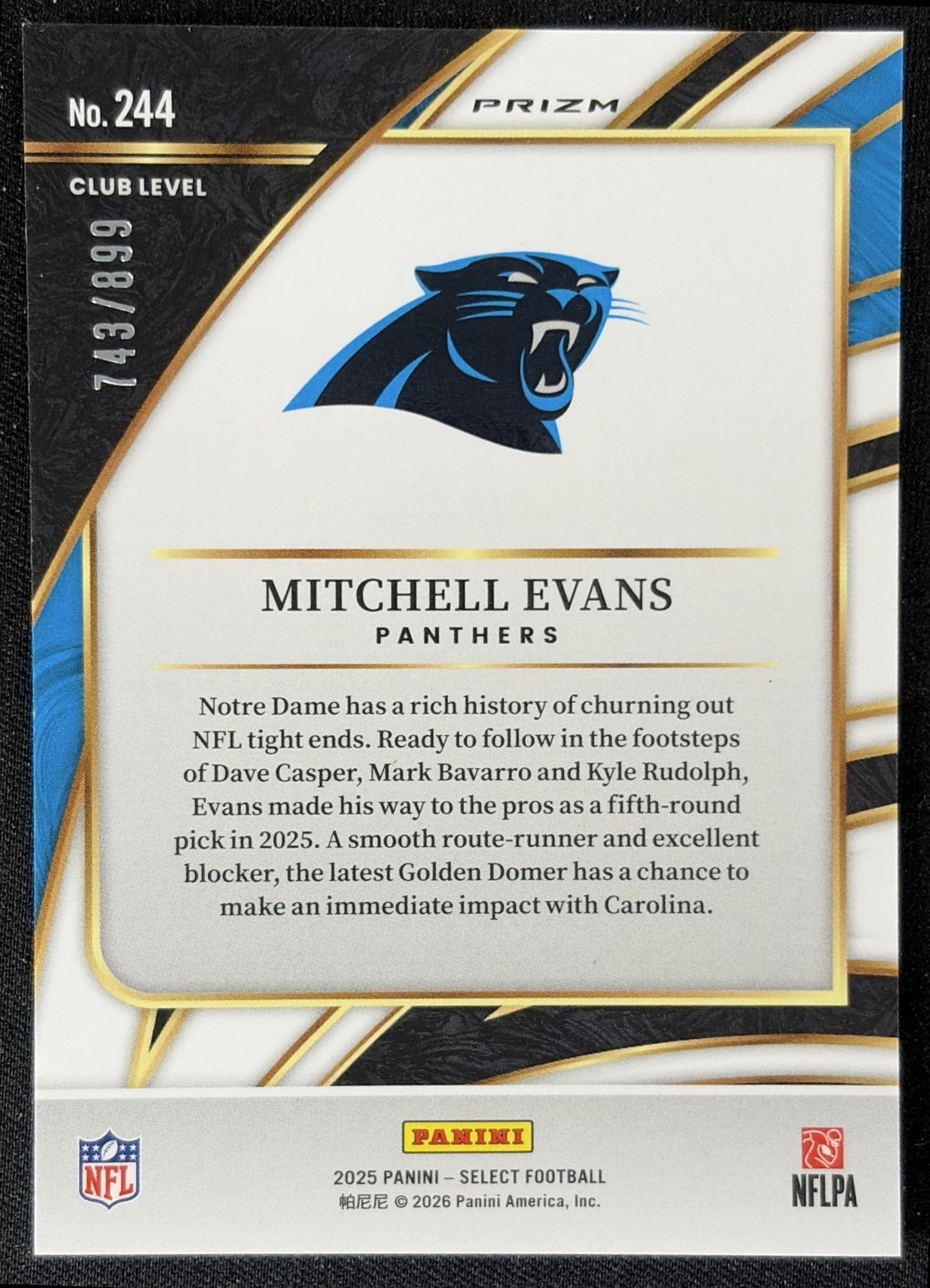 Mitchell Evans 2025 Panini Select Club Level Copper Prizm Shock /899 Panthers back