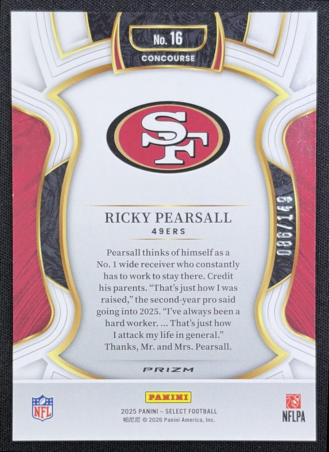 Ricky Pearsall 2025 Panini Select Concourse Maroon Prizm /149 49ers back