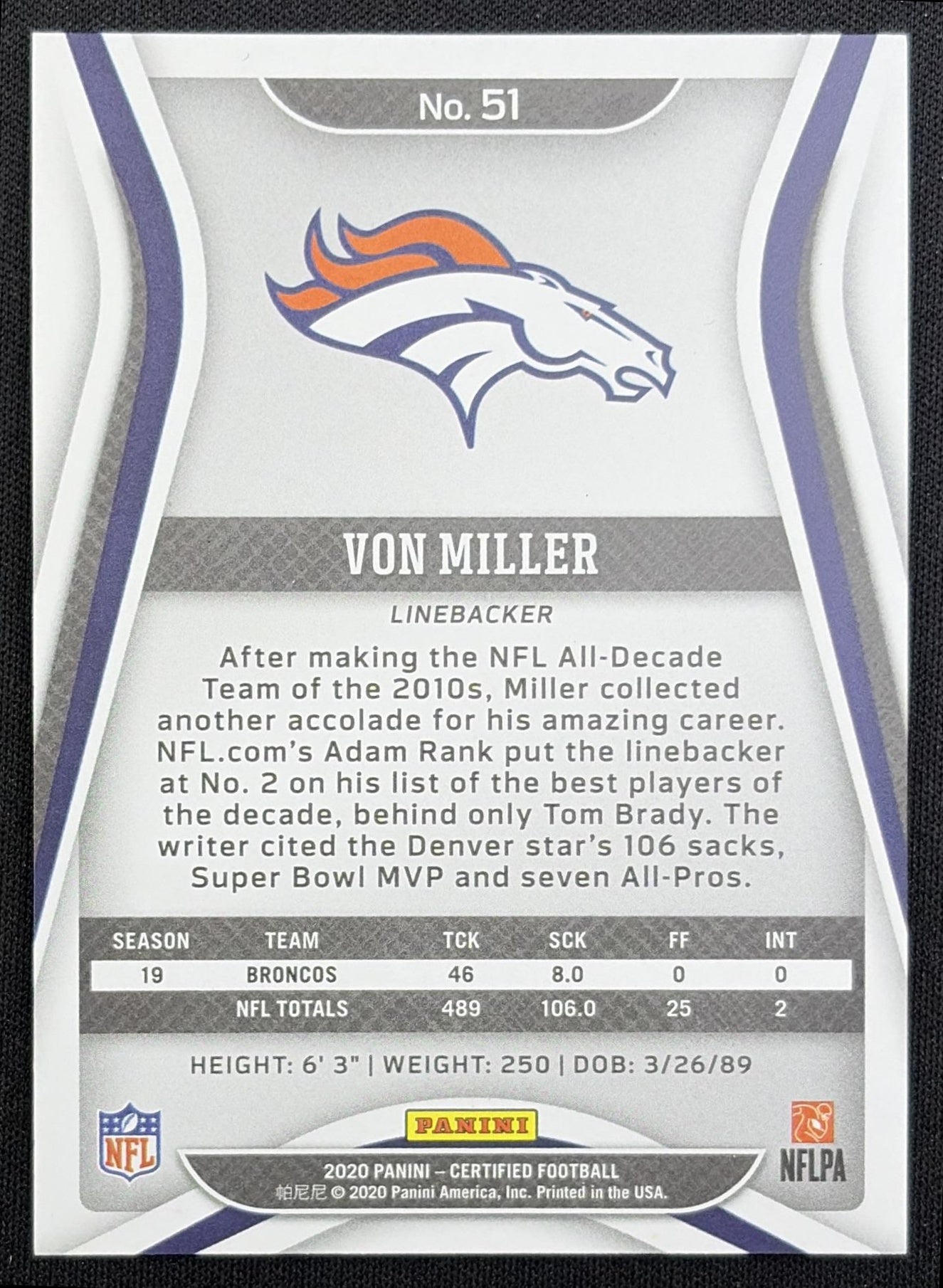 Von Miller 2020 Panini Certified Mirror Orange /199 Broncos