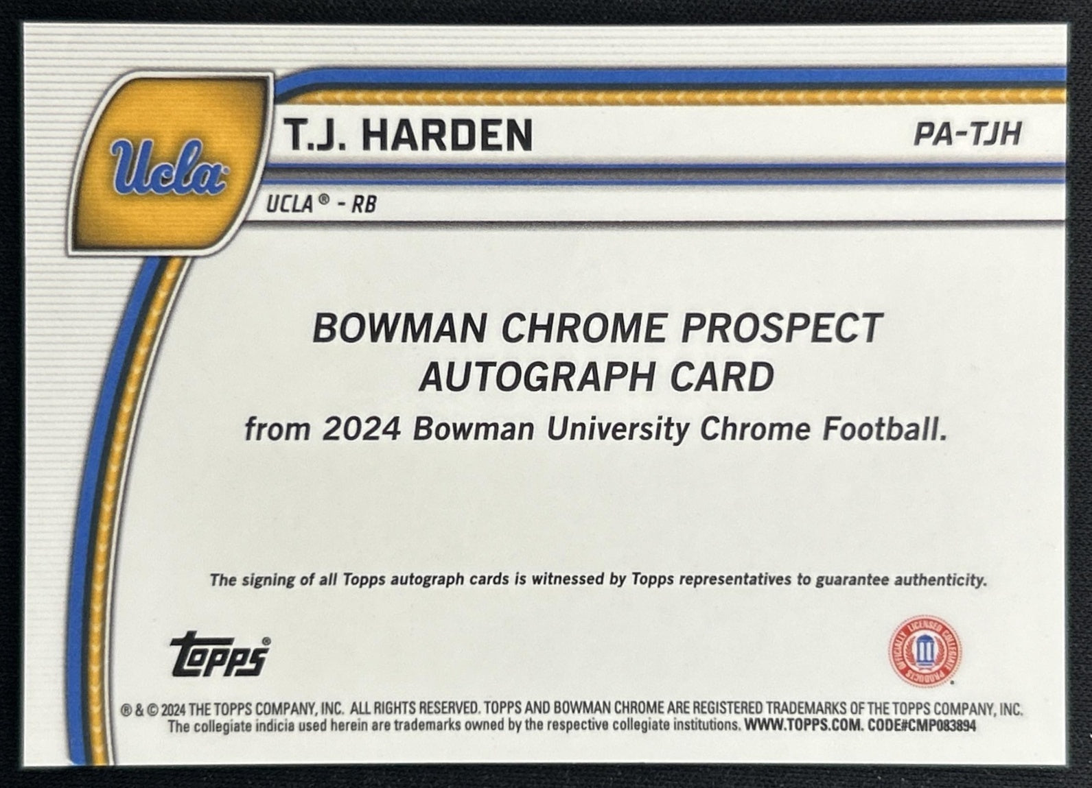T.J. Harden 2024 Bowman Chrome University Prospect Auto back