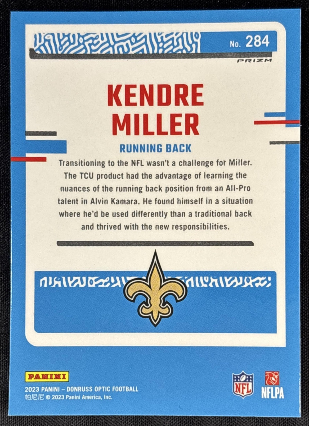 Kendre Miller 2023 Panini Donruss Optic Blue Hyper Prizm Saints
