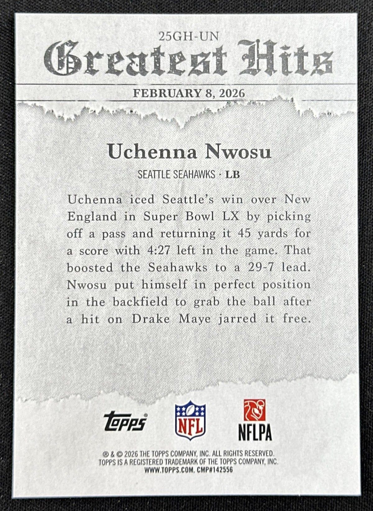 Uchenna Nwosu 2026 Topps Flagship 2025 Greatest Hits Seahawks