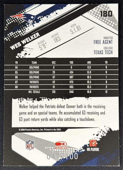 Wes Welker 2009 Panini Score endzone /100 Patriots back