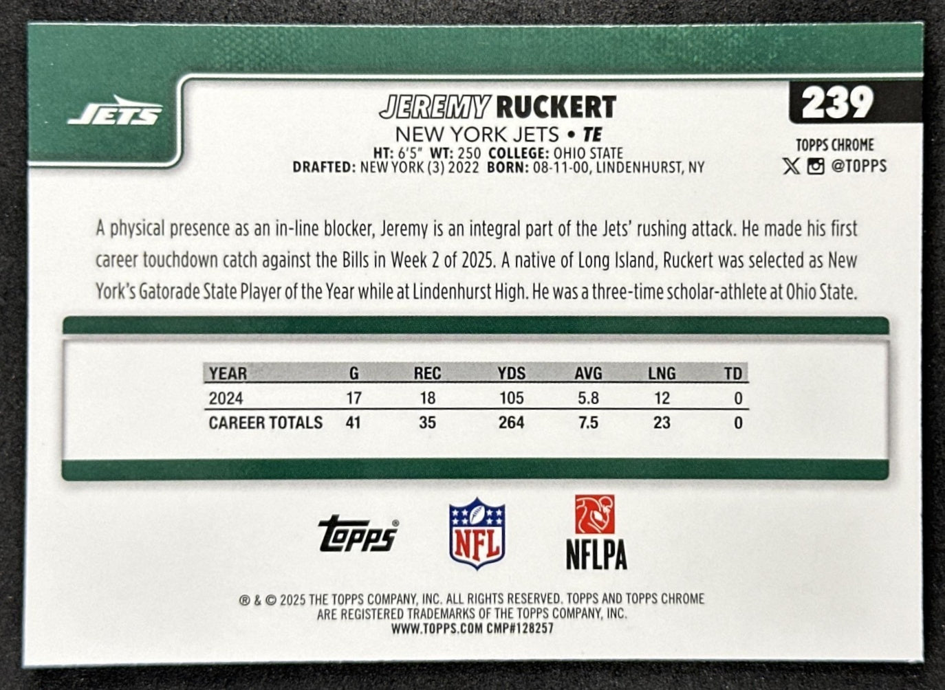 Jeremy Ruckert 2025 Topps Chrome Sapphire Jets back