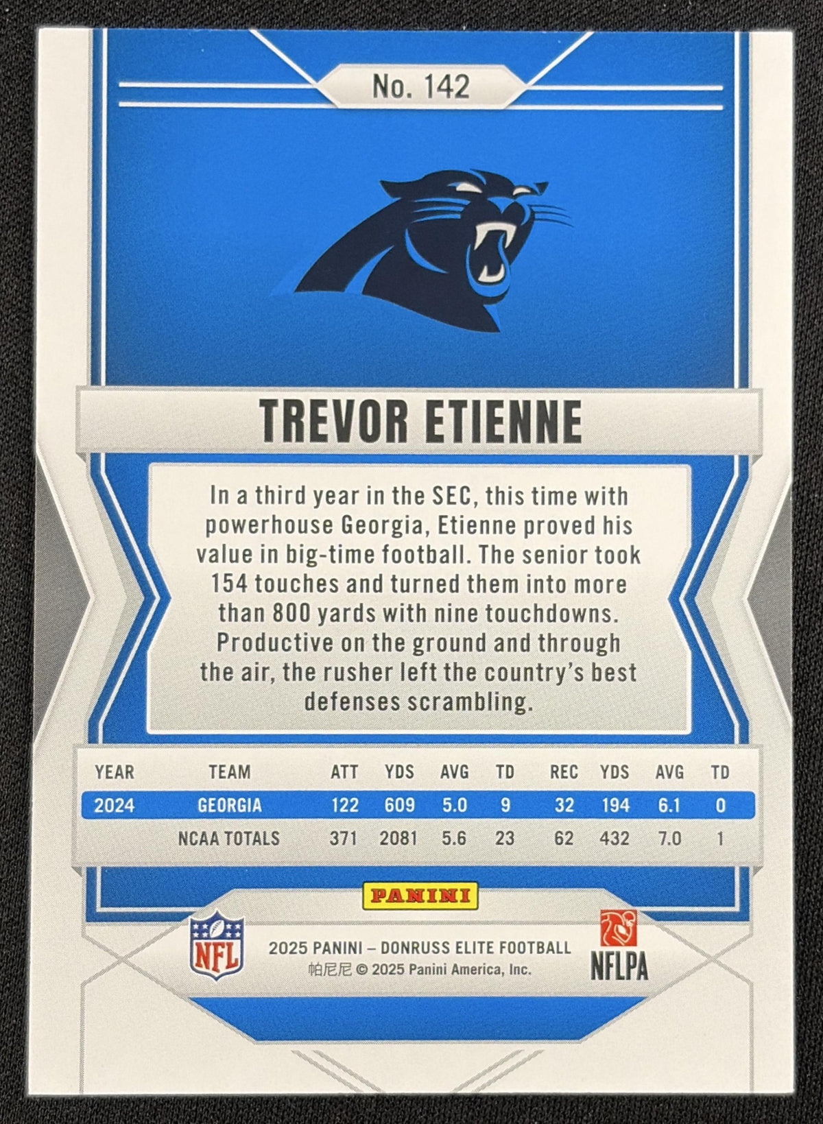 Trevor Etienne 2025 Panini Donruss Elite Rookies /999 Panthers - Back