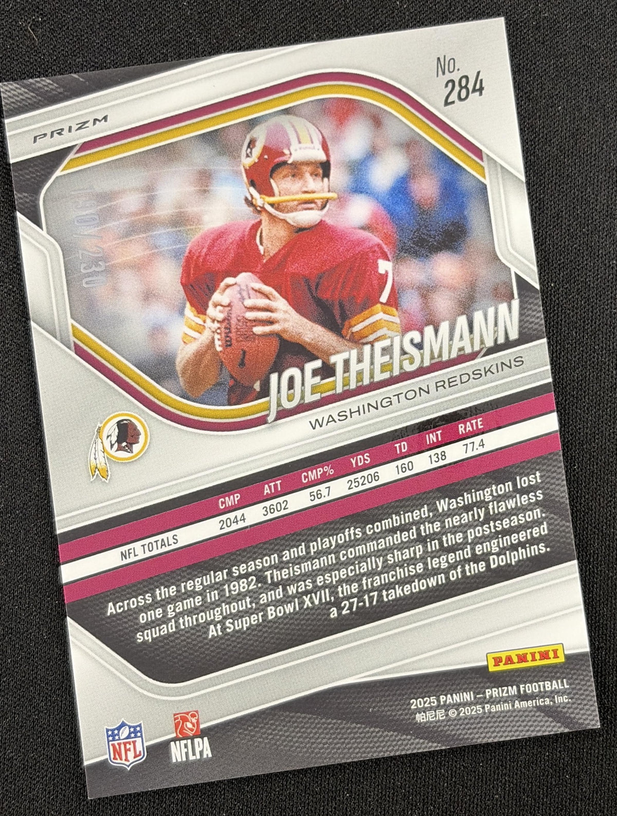 Joe Theismann 2025 Panini Prizm Blue Wave /230 Redskins - Back