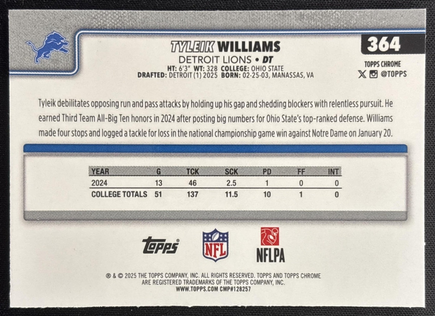 Tyleik Williams 2025 Topps Chrome Rookie Purple Geometric Refractor /75 Lions Sports Trading Cards