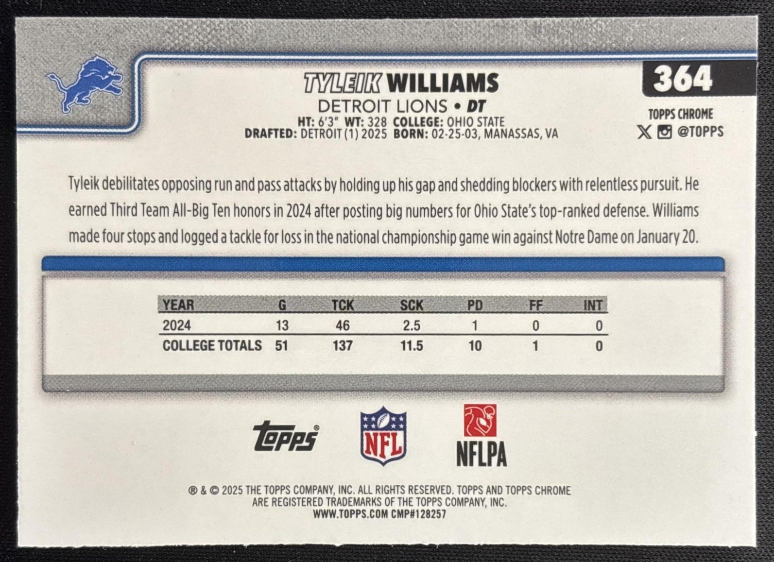 Tyleik Williams 2025 Topps Chrome Rookie Purple Geometric Refractor /75 Lions Sports Trading Cards