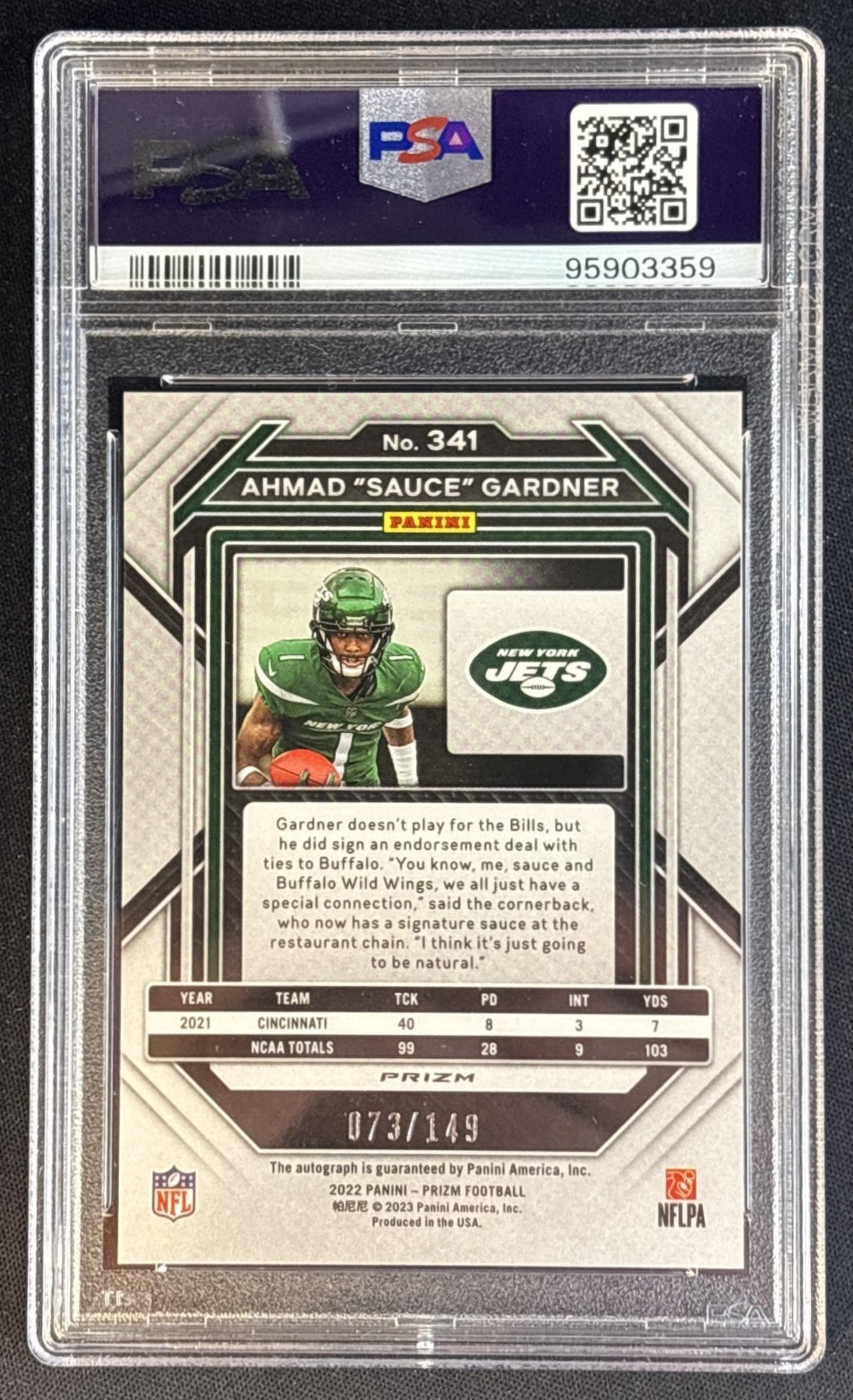 Ahmad "Sauce" Gardner 2022 Panini Prizm Rookie Auto Red Wave /149 PSA 6 Jets Football Cards