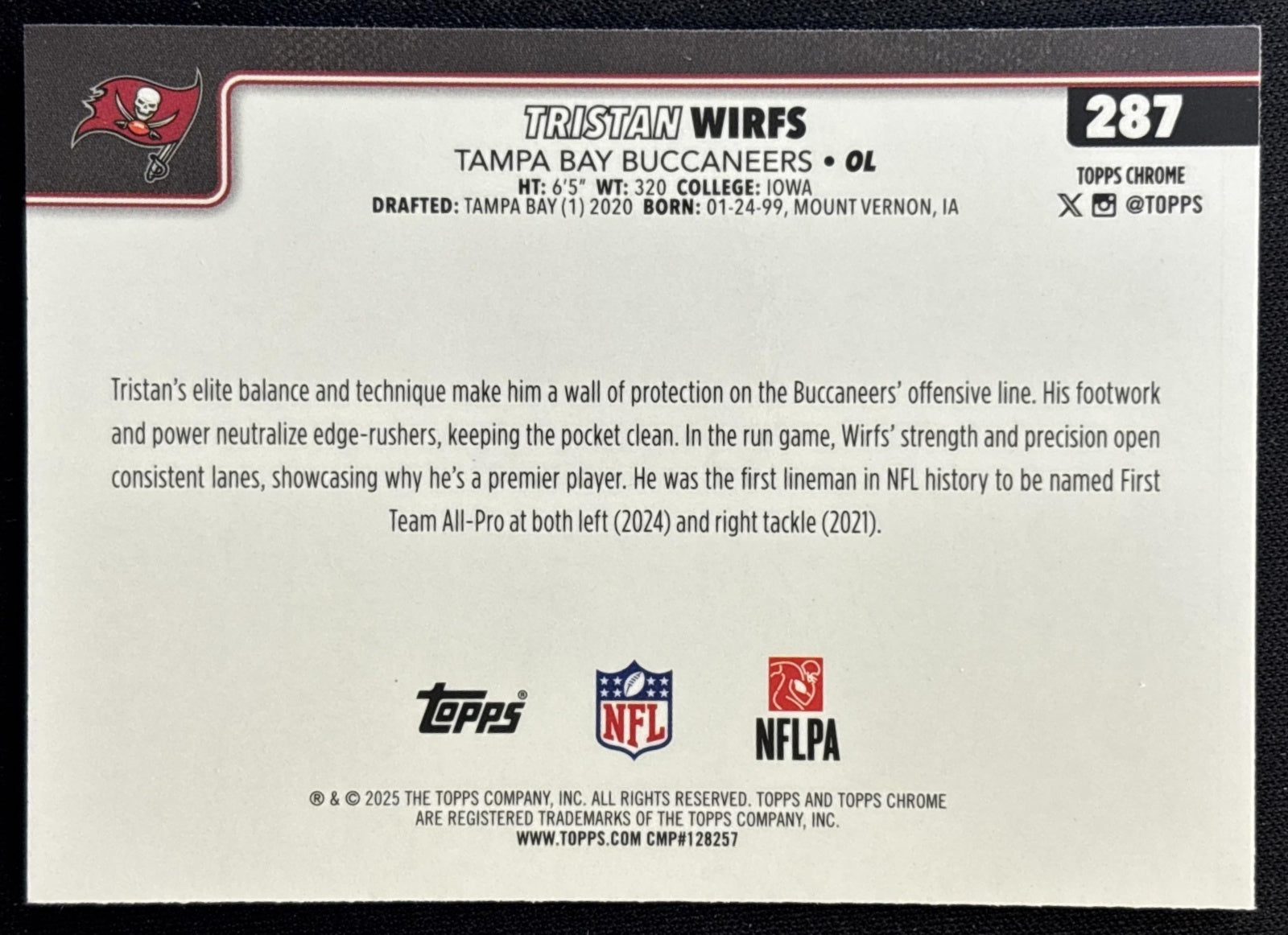 Tristan Wirfs 2025 Topps Chrome Blue Wave Refractor /150 Buccaneers Football
