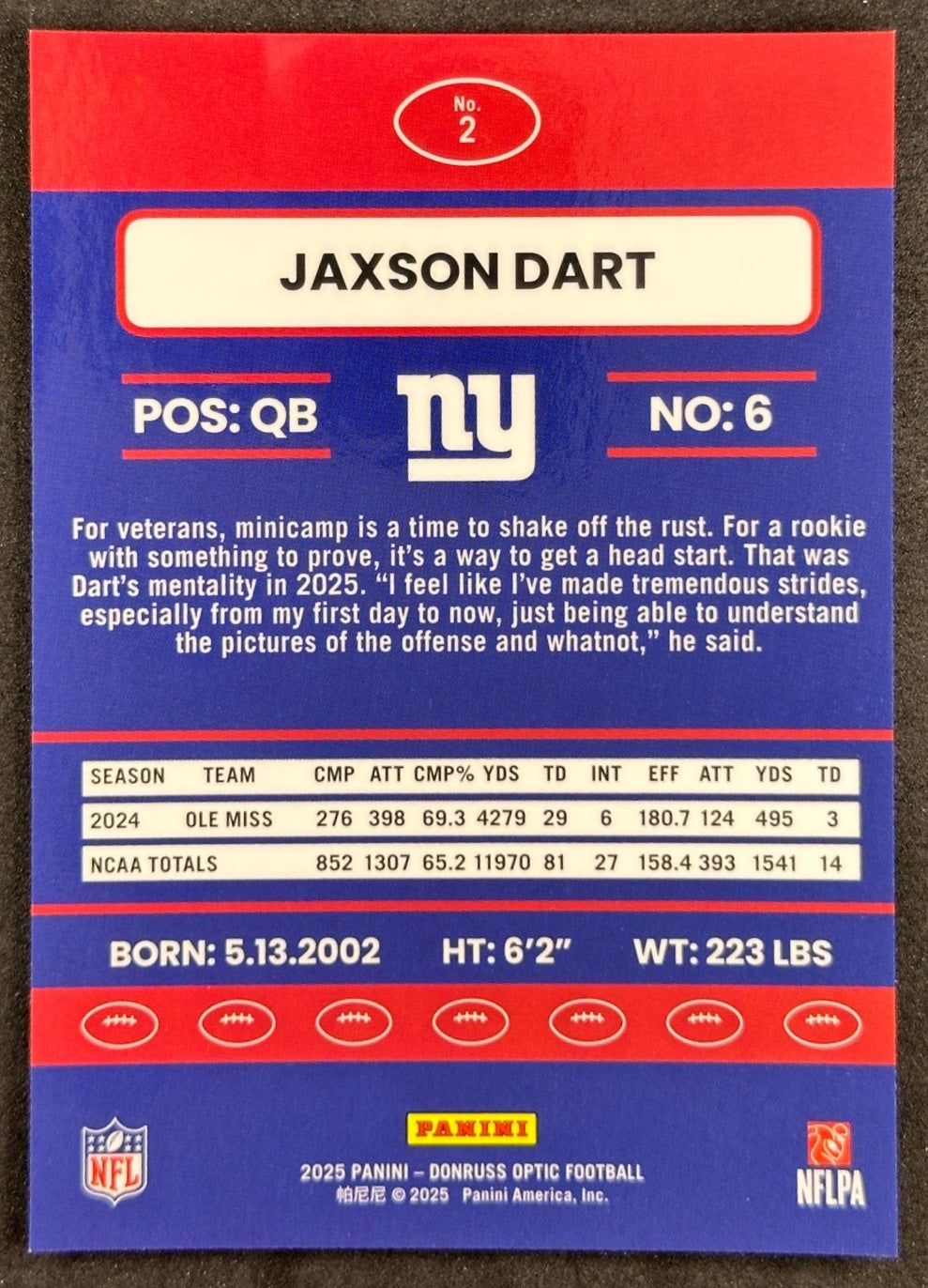 Jaxson Dart 2025 Donruss Optic 2015 Retro Rookie Giants