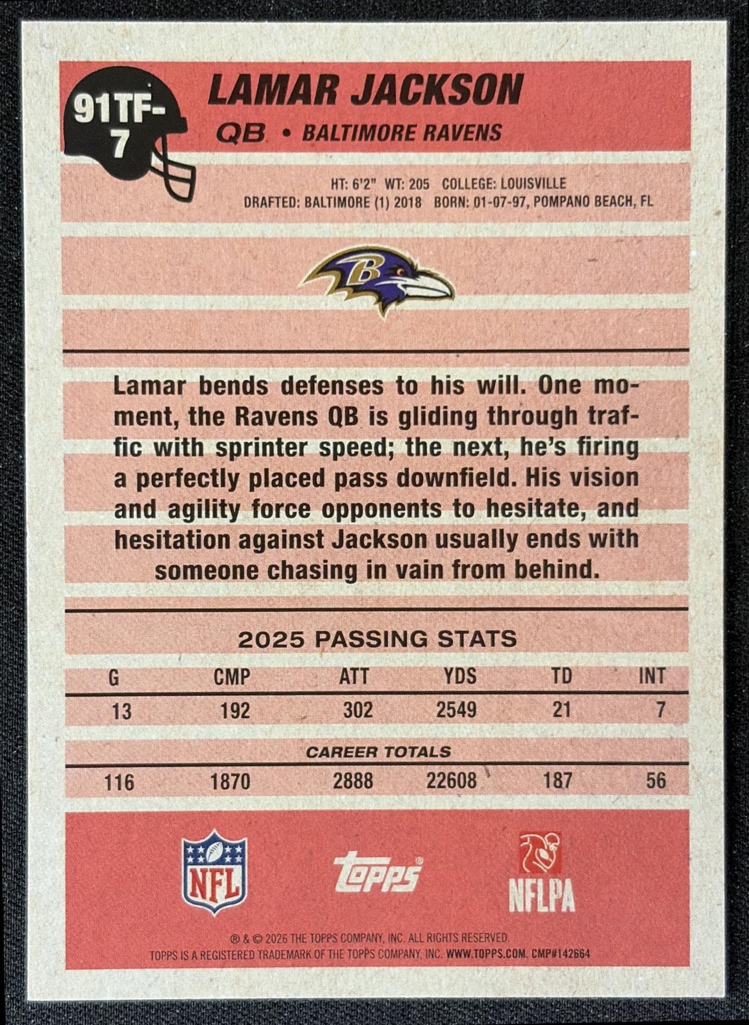 Lamar Jackson 2026 Topps 1991 Ravens back