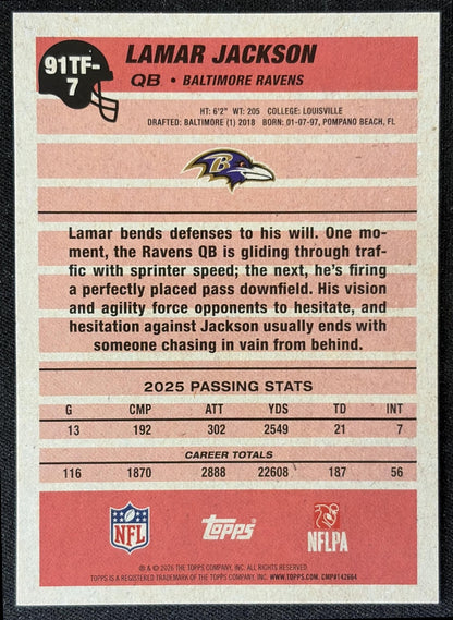 Lamar Jackson 2026 Topps 1991 Ravens back
