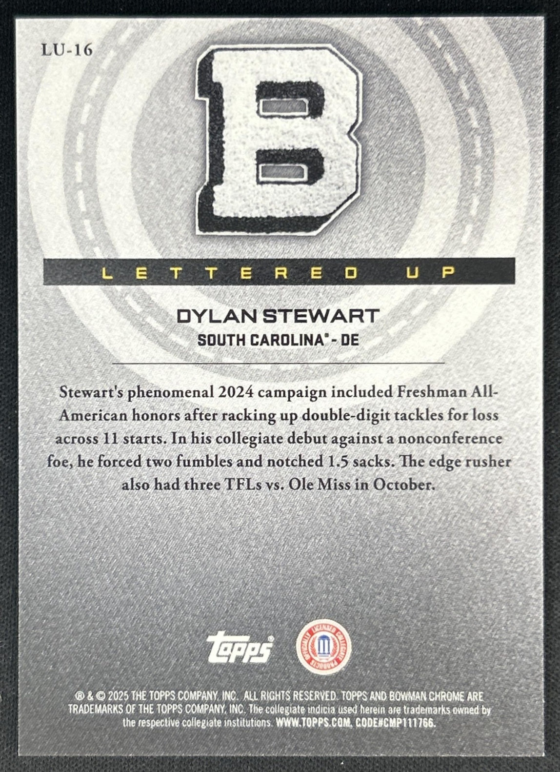 Dylan Stewart 2025 Chrome University Lettered Up! Gold Refractor /50 Gamecocks back